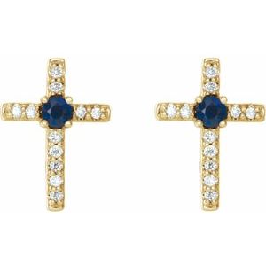 14K Yellow Gold Natural Blue Sapphire & .05 CTW Natural Diamond Cross Earrings – image 2