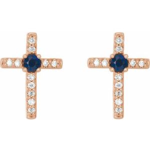 14K Rose Gold Natural Blue Sapphire & .05 CTW Natural Diamond Cross Earrings – image 2