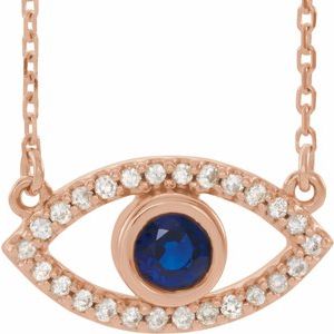 14K Rose Gold Natural Blue Sapphire & Natural White Sapphire Evil Eye 18" Necklace
