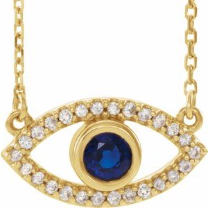 14K Yellow Gold Natural Blue Sapphire & Natural White Sapphire Evil Eye 16" Necklace