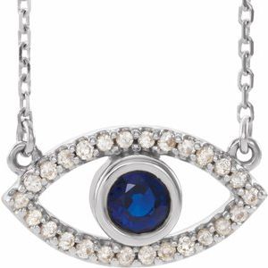 14K White Gold Natural Blue Sapphire & Natural White Sapphire Evil Eye 18" Necklace