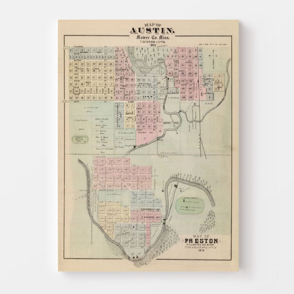 Vintage Map of Austin, Minnesota 1874