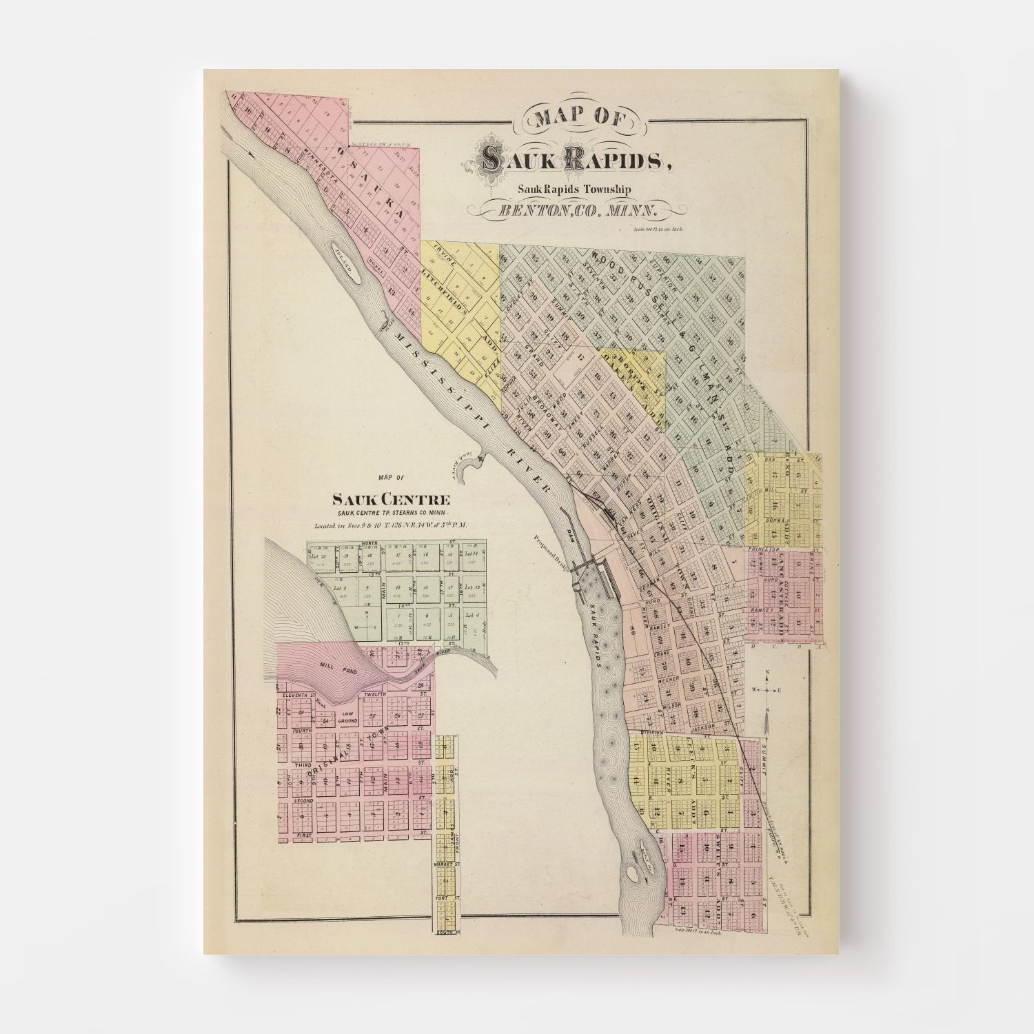 Vintage Map of Sauk Centre, Minnesota 1874