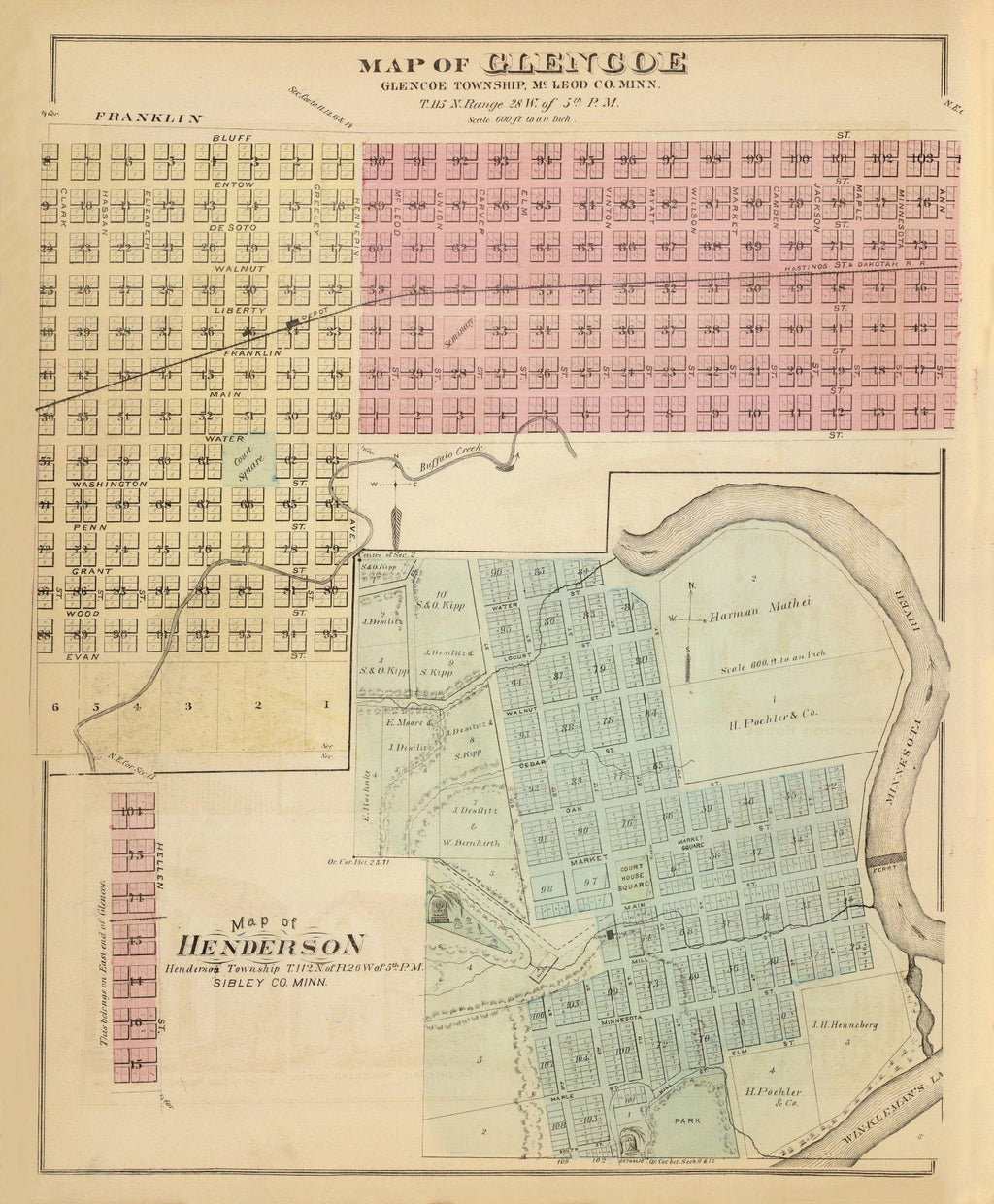 Vintage Map of Glencoe, Minnesota 1874