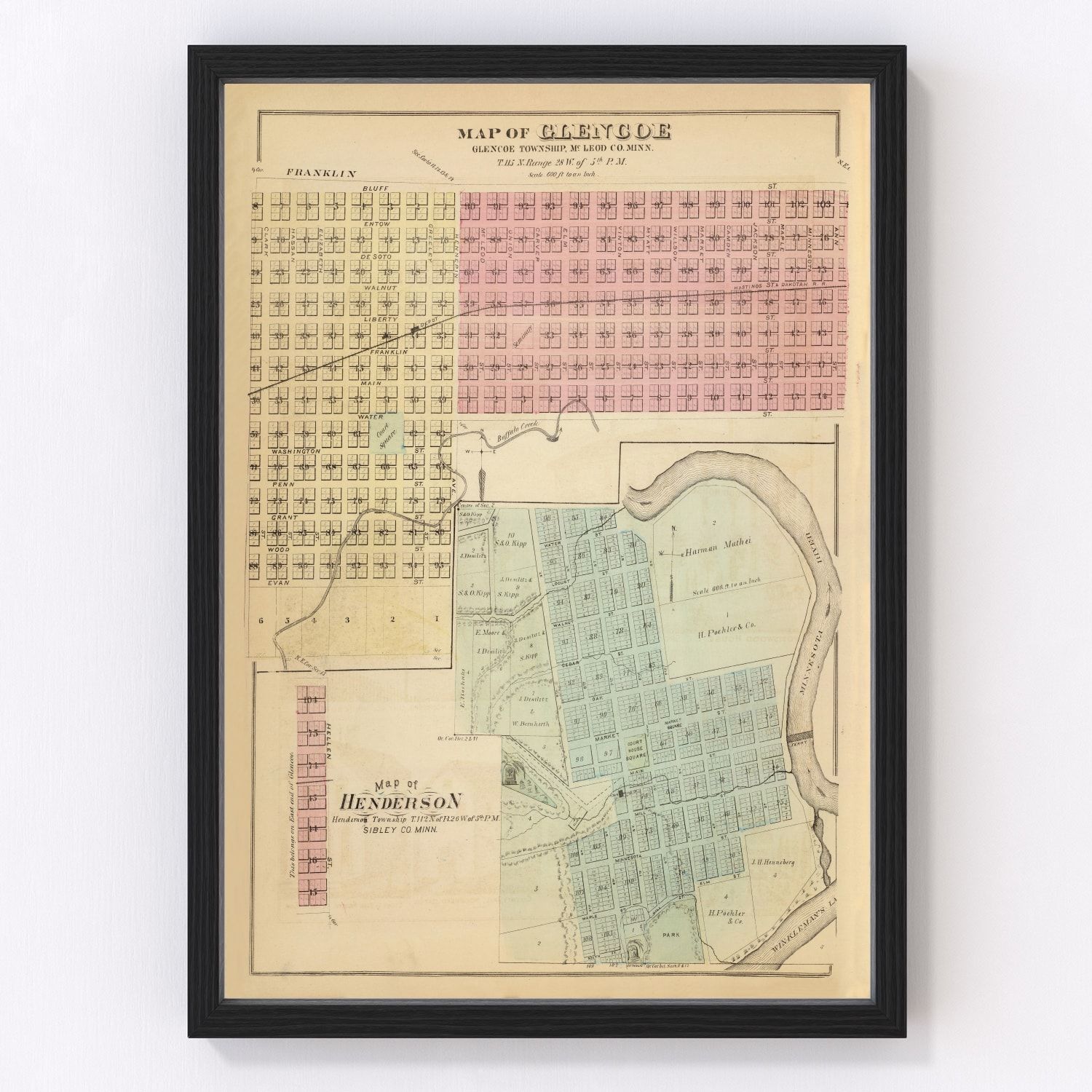Vintage Map of Glencoe, Minnesota 1874