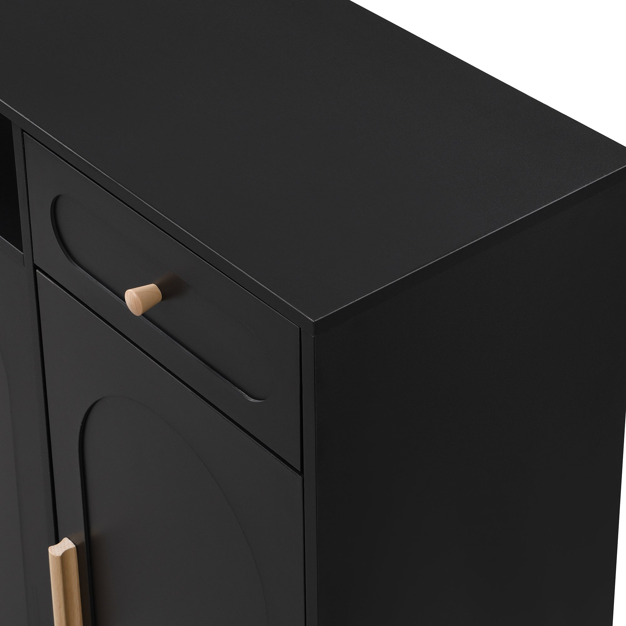 ON-TREND Elegant Shoe Cabinet with Arched Doors and Drawer, Cream Style Storage Sideboard with Adjustable Shelves and Solid Wood Legs for Entryway, Living Room, Black