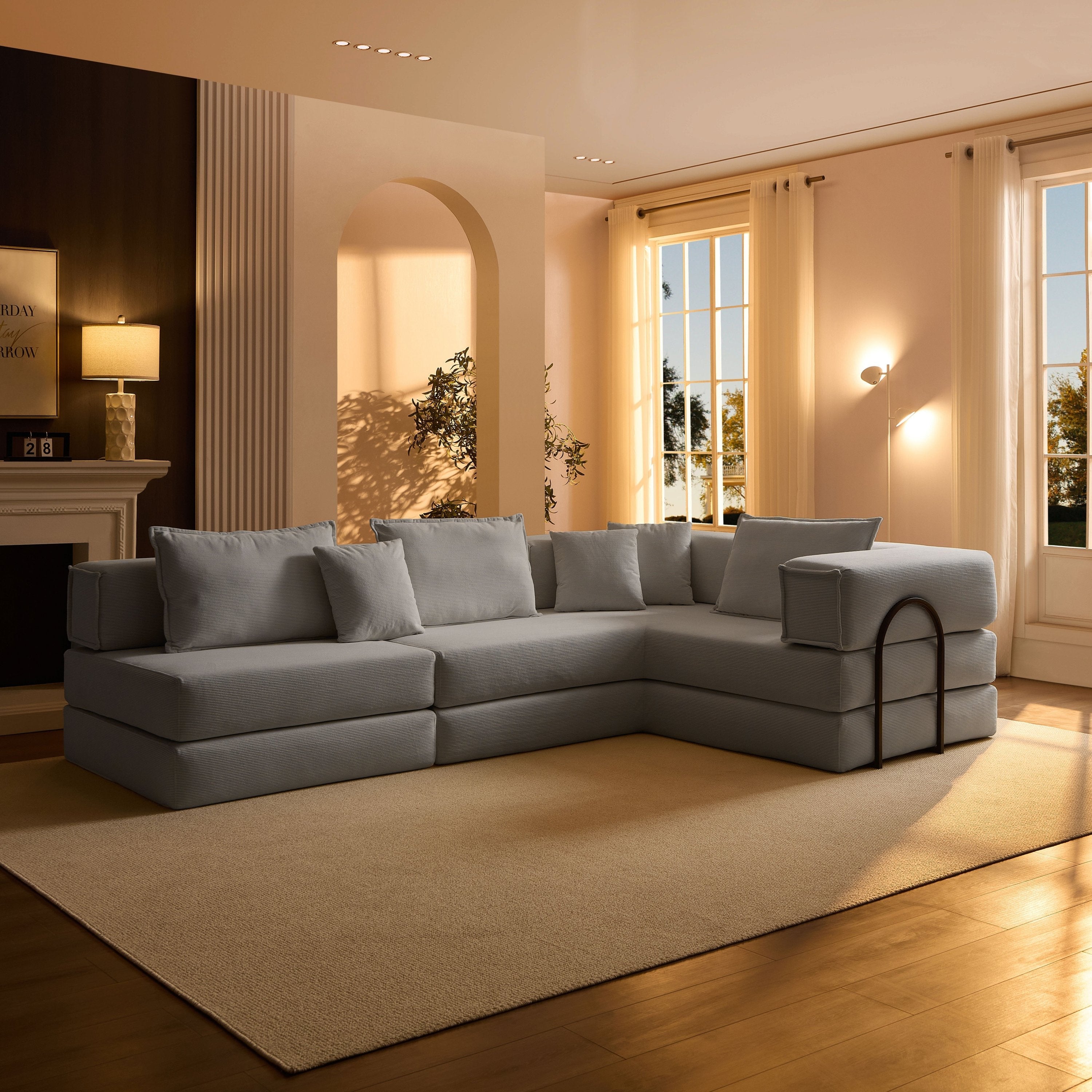 Oversized Upholstered Sectional Sofa Couch Set, Modular 118.2 ' L Shaped Floor Living Room Sofa Set With 6 Pillows, DIY Combination Sofa Couch for living rooms, apartments,bedrooms, White
