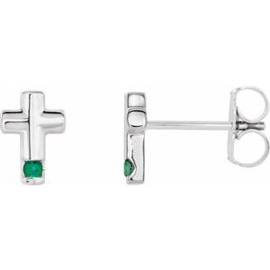 14K White Gold Lab-Grown Emerald Cross Earrings