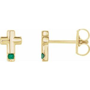 14K Yellow Gold Natural Emerald Cross Earrings