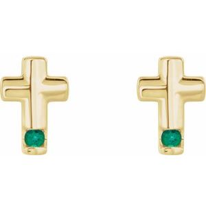 14K Yellow Gold Natural Emerald Cross Earrings