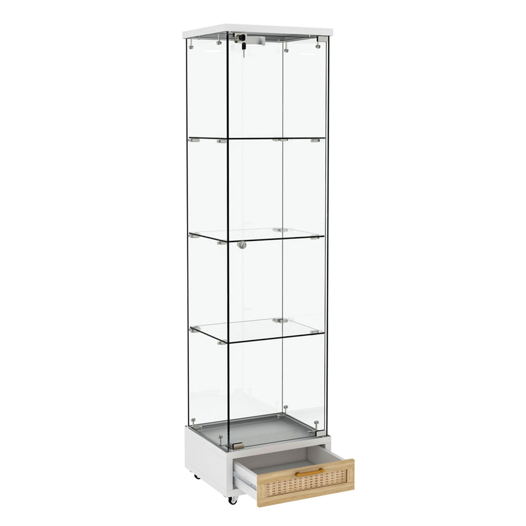 Modern Glass Display Cabinet with Drawer , Quick-assembly Antique Cabinet with LED lights, Tempered Glass Bookshelf,  1-Door Storage Case with 4 Shelves  for Living Room and Bedroom, white and natural
