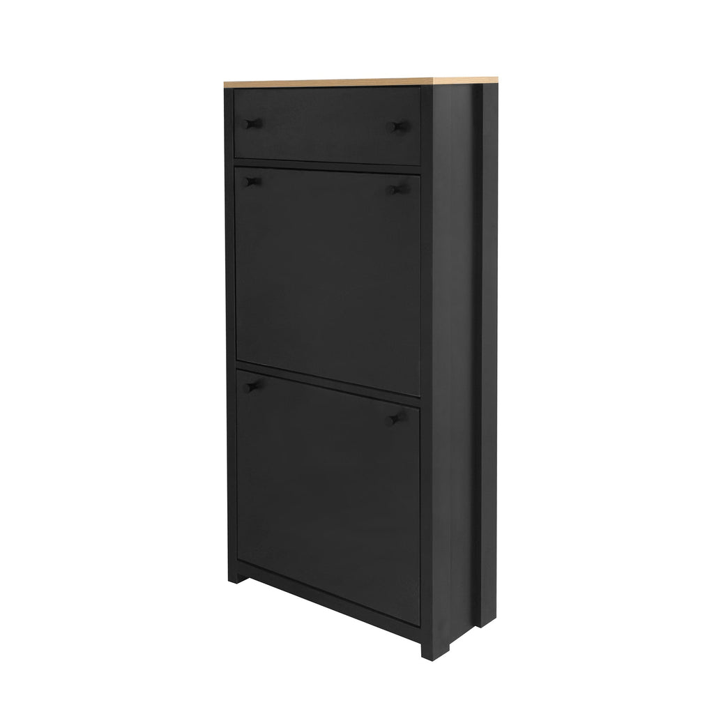 ON-TREND Functional Entryway Organizer with 2 Flip Drawers, Wood Grain Pattern Top Shoe Cabinet with Drawer, Free Standing Shoe Rack with Adjustable Panel for Hallway, Black
