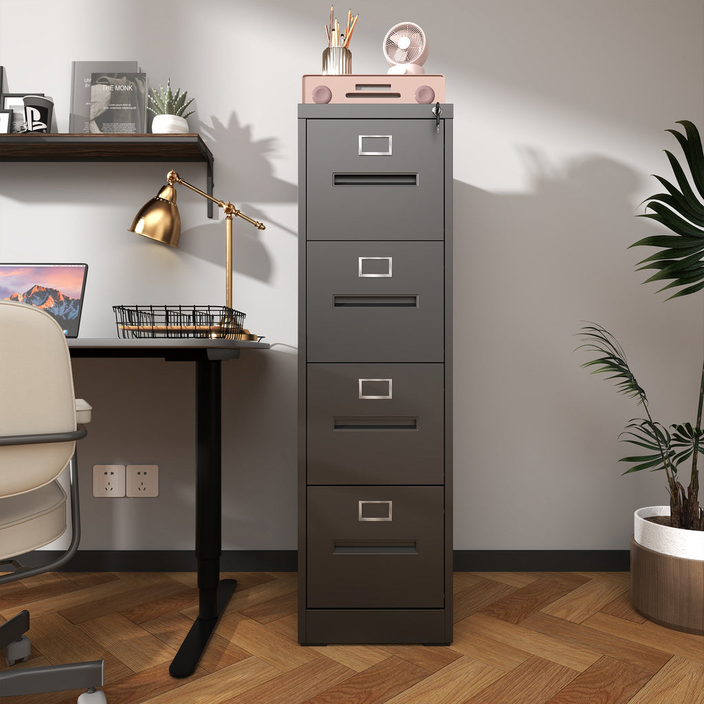 Premium 4 Drawer File Cabinet with Lock Metal Vertical File Cabinet for Office or Home in Black Steel, A4 Legal/Letter Size