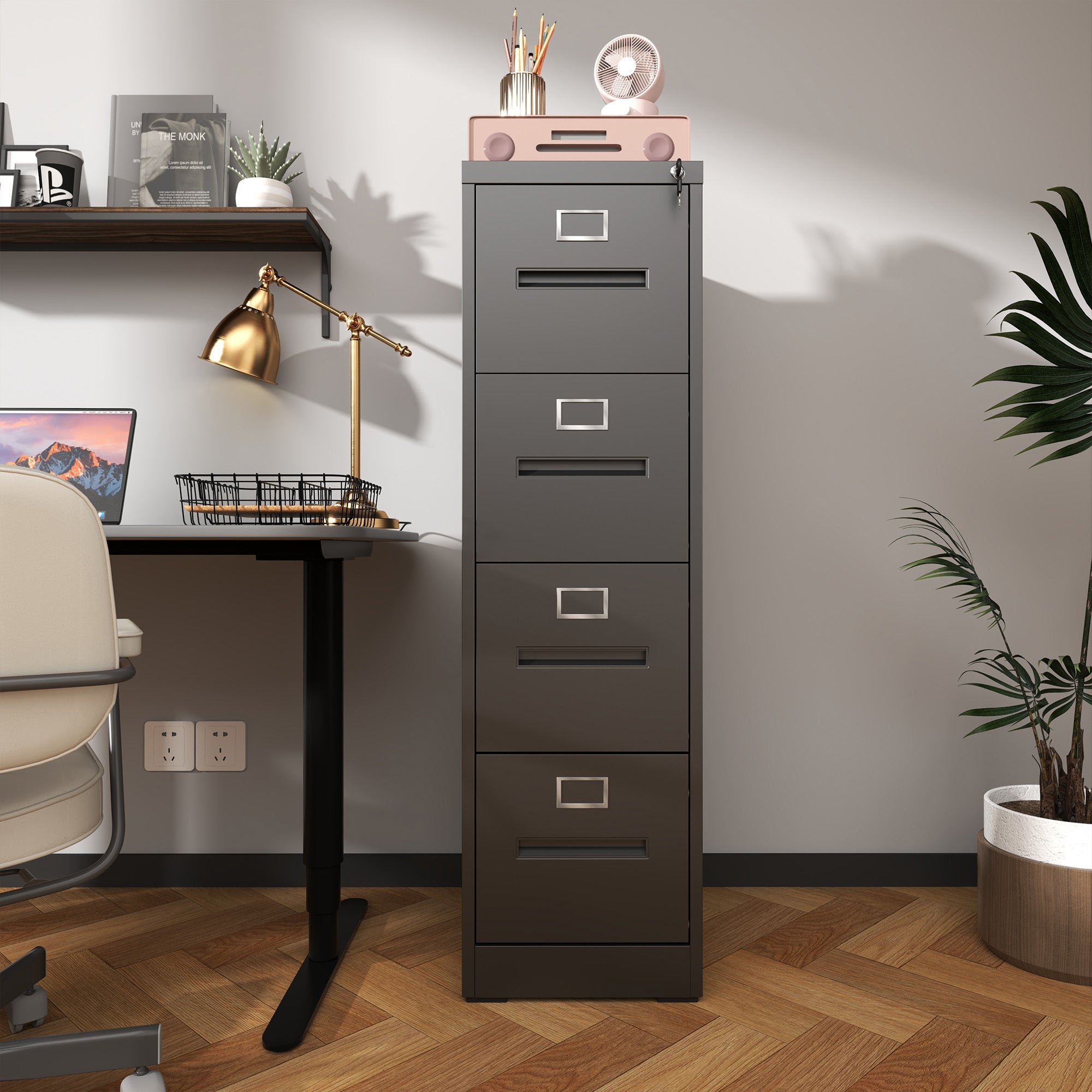Premium 4 Drawer File Cabinet with Lock Metal Vertical File Cabinet for Office or Home in Black Steel, A4 Legal/Letter Size