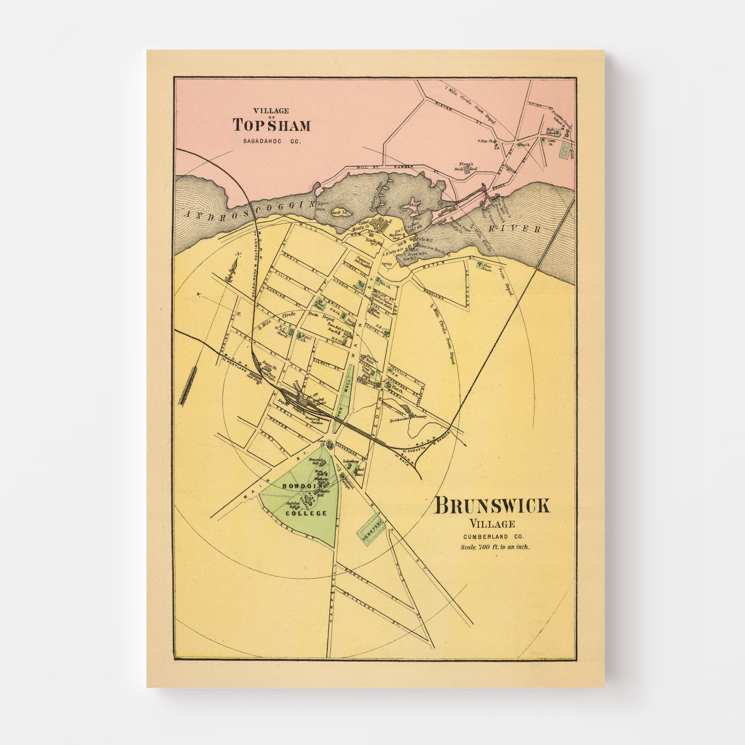 Vintage Map of Brunswick, Maine 1894
