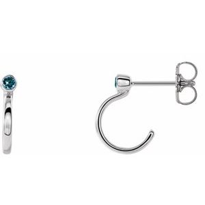14K White Gold 2 mm Natural Aquamarine Huggie J-Hoop Earring