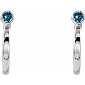 14K White Gold 2 mm Natural Aquamarine Huggie J-Hoop Earring