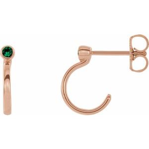 14K Rose Gold 2 mm Natural Emerald Huggie J-Hoop Earring