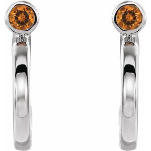 14K White Gold 2 mm Natural Citrine Huggie J-Hoop Earring – image 2