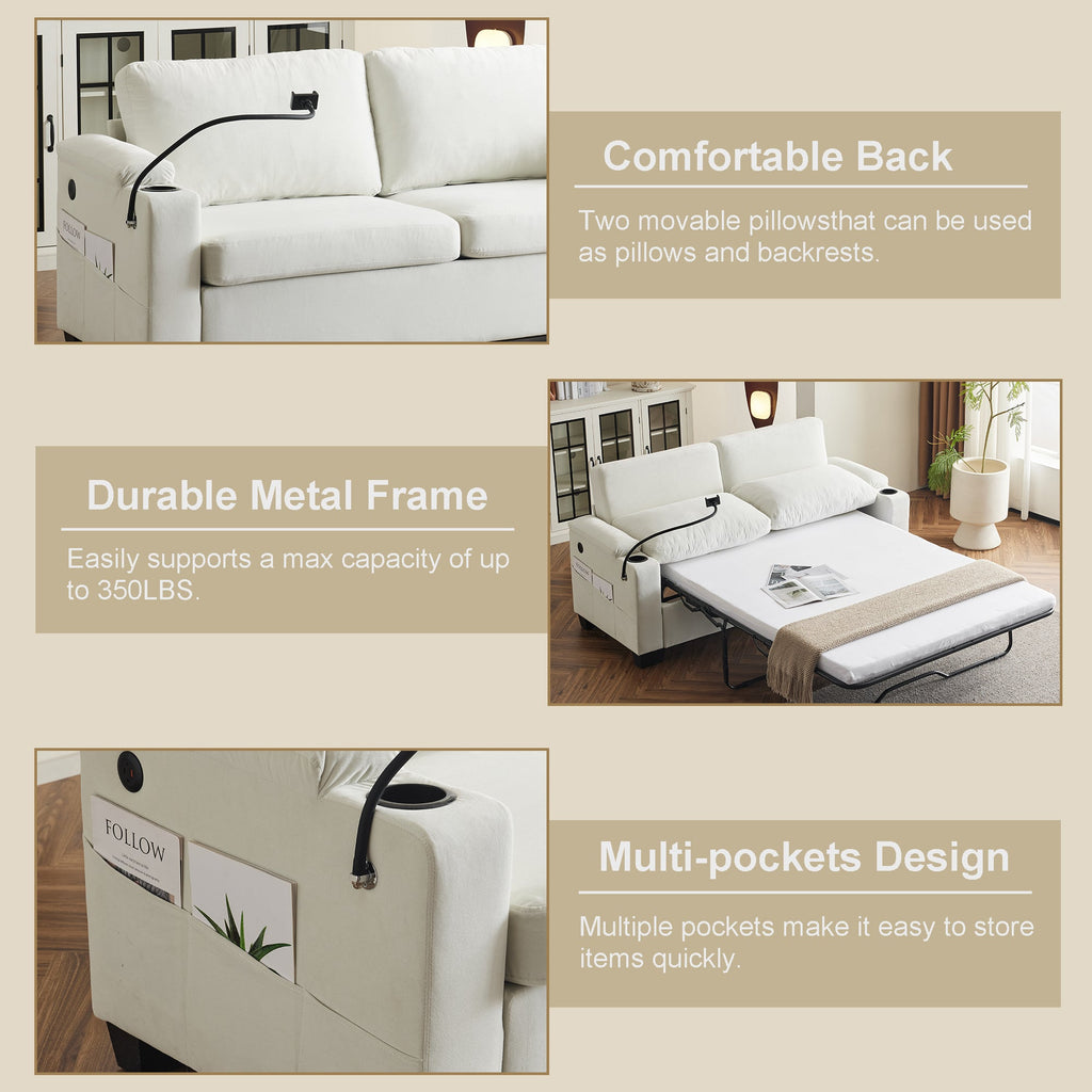Pull-out sofa bed, chenille material, pull-out queen sofa bed, with USB charging, mobile phone holder, memory sofa, removable and washable cushions, suitable for living room, bedroom, apartment, white