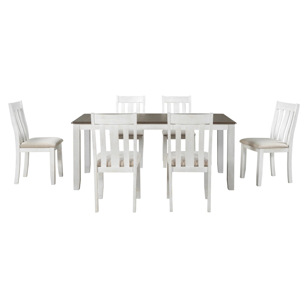 TREXM Retro Style 7-Piece Dining Table Set with Extendable Table, Upholstered Chairs, Brown+White, Solid Wood