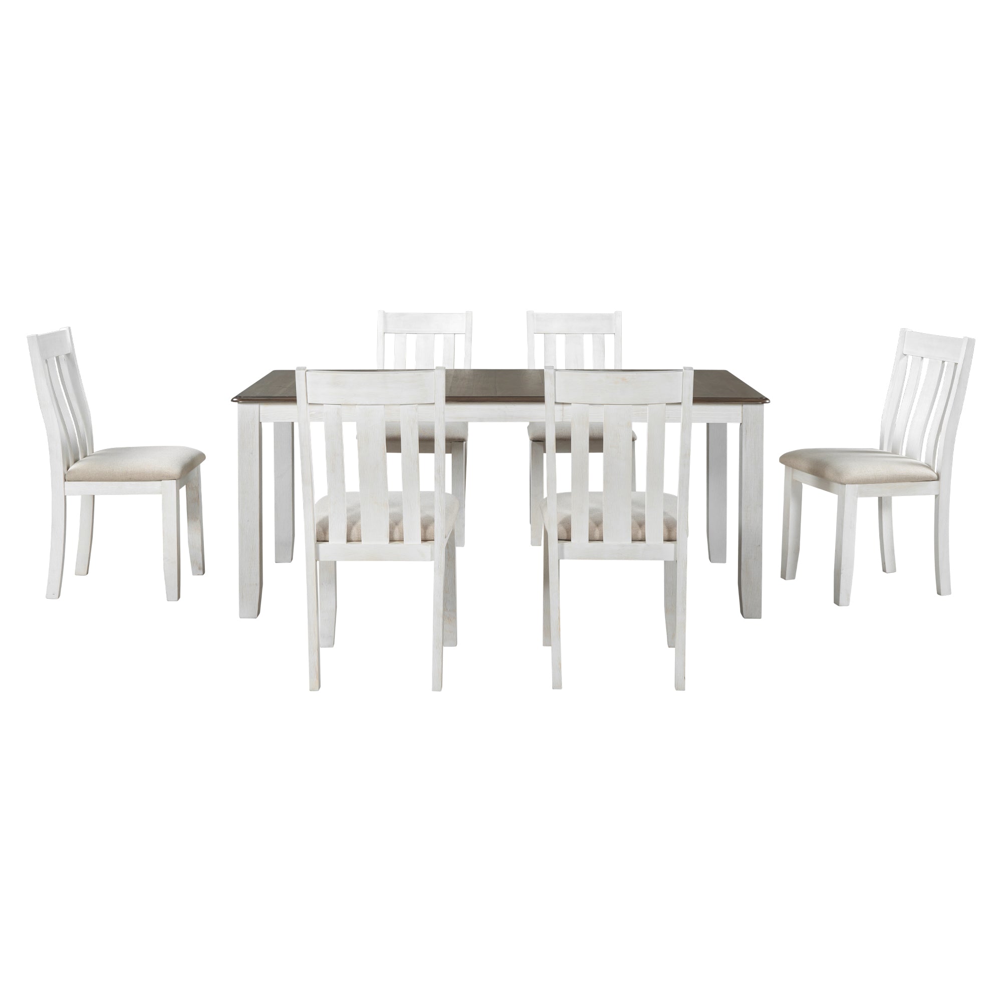 TREXM Retro Style 7-Piece Dining Table Set with Extendable Table, Upholstered Chairs, Brown+White, Solid Wood