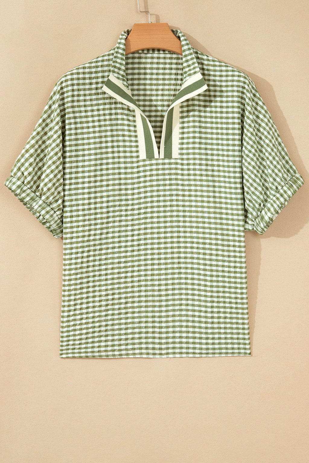 Gingham Plaid Colorblock Trim Split Neck Blouse