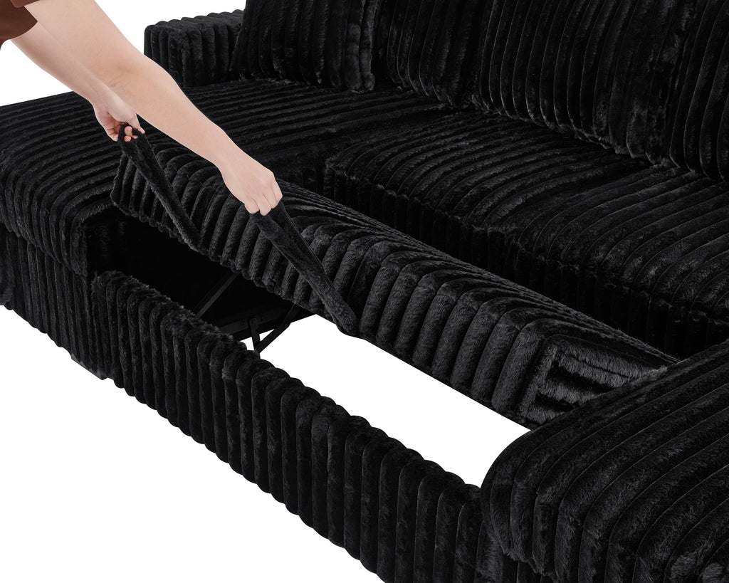 U Shaped Sleeper Sofa, 122 inch Overisze - 2 in 1 Pull Out Bed, Sectional Sleeper Sofa with Double Storage Chaise for Living Room, Rabbit plush Corduroy Fabric Couch, Black