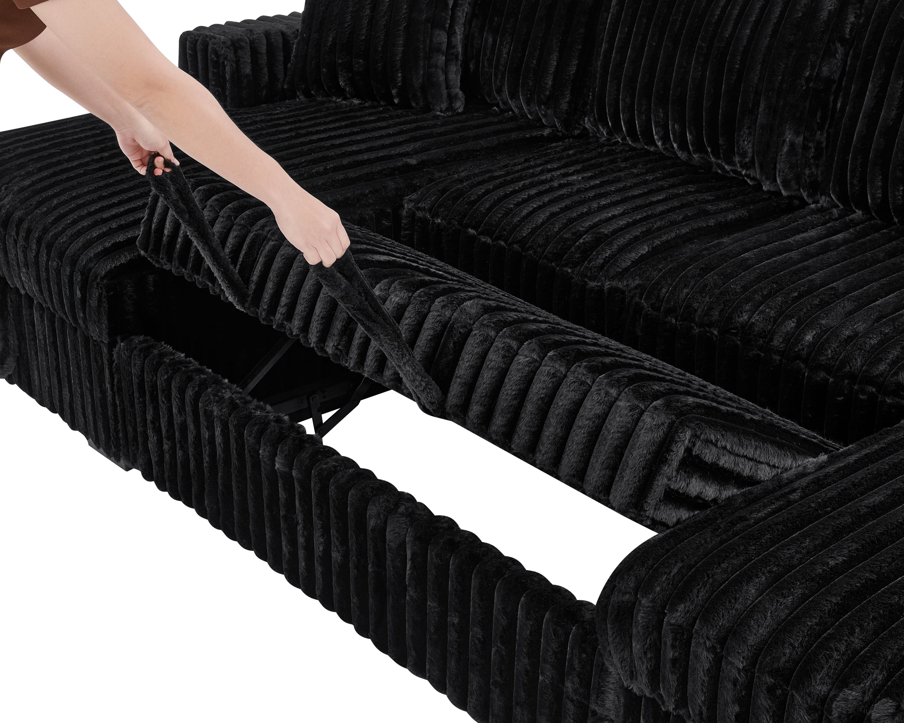 U Shaped Sleeper Sofa, 122 inch Overisze - 2 in 1 Pull Out Bed, Sectional Sleeper Sofa with Double Storage Chaise for Living Room, Rabbit plush Corduroy Fabric Couch, Black