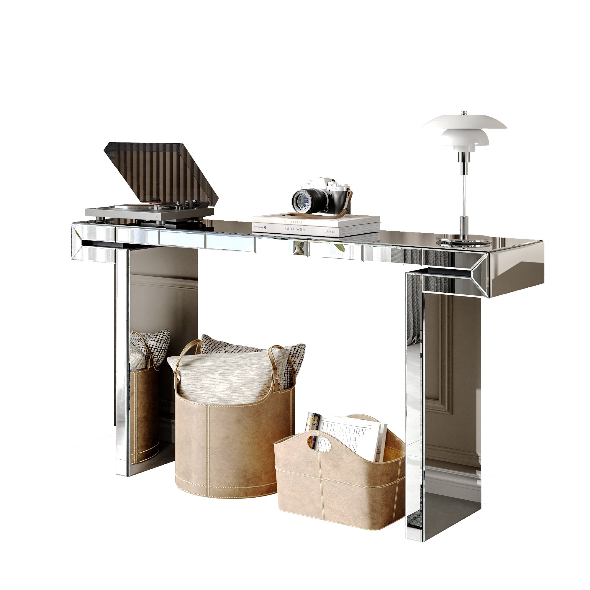 60 Inches Luxury Full-Length Mirror Console Table with Fluted Tempered Glass, Entryway Mirrored Sofa Table, Light Luxury Style, Scratch-Resistant, Reinforced Packaging