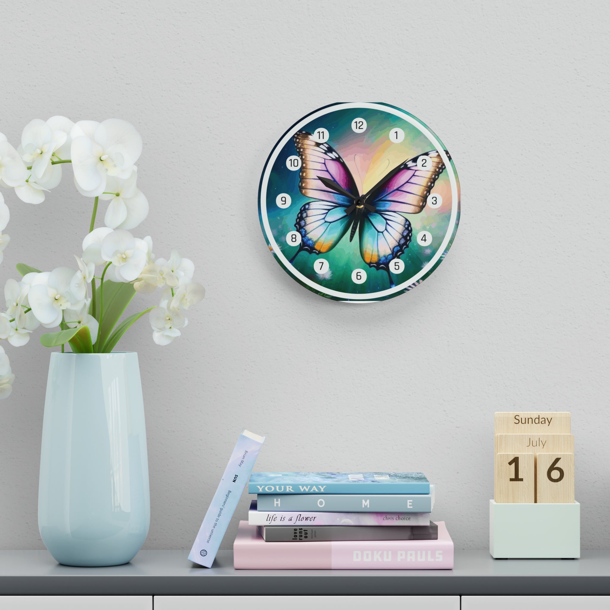 Beautiful Butterfly and Daisies Acrylic Wall Clock