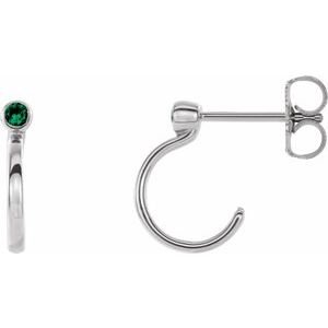 14K White Gold 2 mm Natural Emerald Huggie J-Hoop Earring
