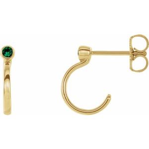 14K Yellow Gold 2.5 mm Lab-Grown Emerald Huggie J-Hoop Earring