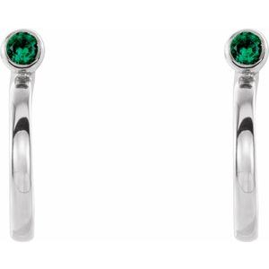14K White Gold 2 mm Lab-Grown Emerald Huggie J-Hoop Earring – image 2