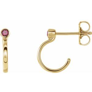 14K Yellow Gold 2 mm Natural Ruby Huggie J-Hoop Earring