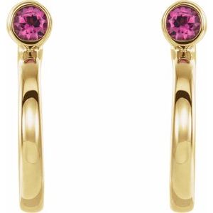 14K Yellow Gold 2 mm Natural Pink Tourmaline Huggie J-Hoop Earring