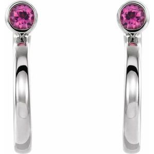 14K White Gold 2 mm Natural Pink Tourmaline Huggie J-Hoop Earring – image 2
