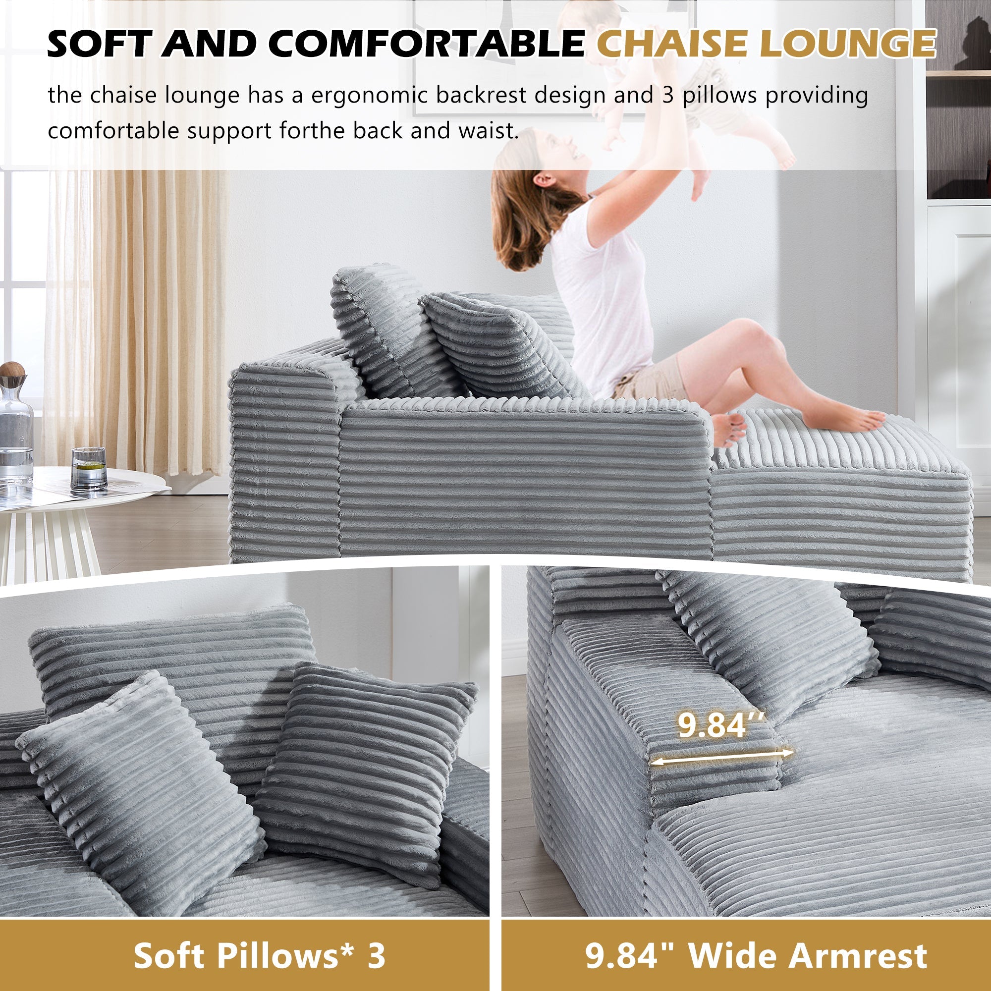 67' Chaise Lounge Chair 9.9'' Wide Armrest Indoor Corduroy Oversized Sleeper Sofa for Living Room Deep Seat Lounge and Three Soft Pillows Convertible Boneless Sofa Bed, Grey, No Assembly Required