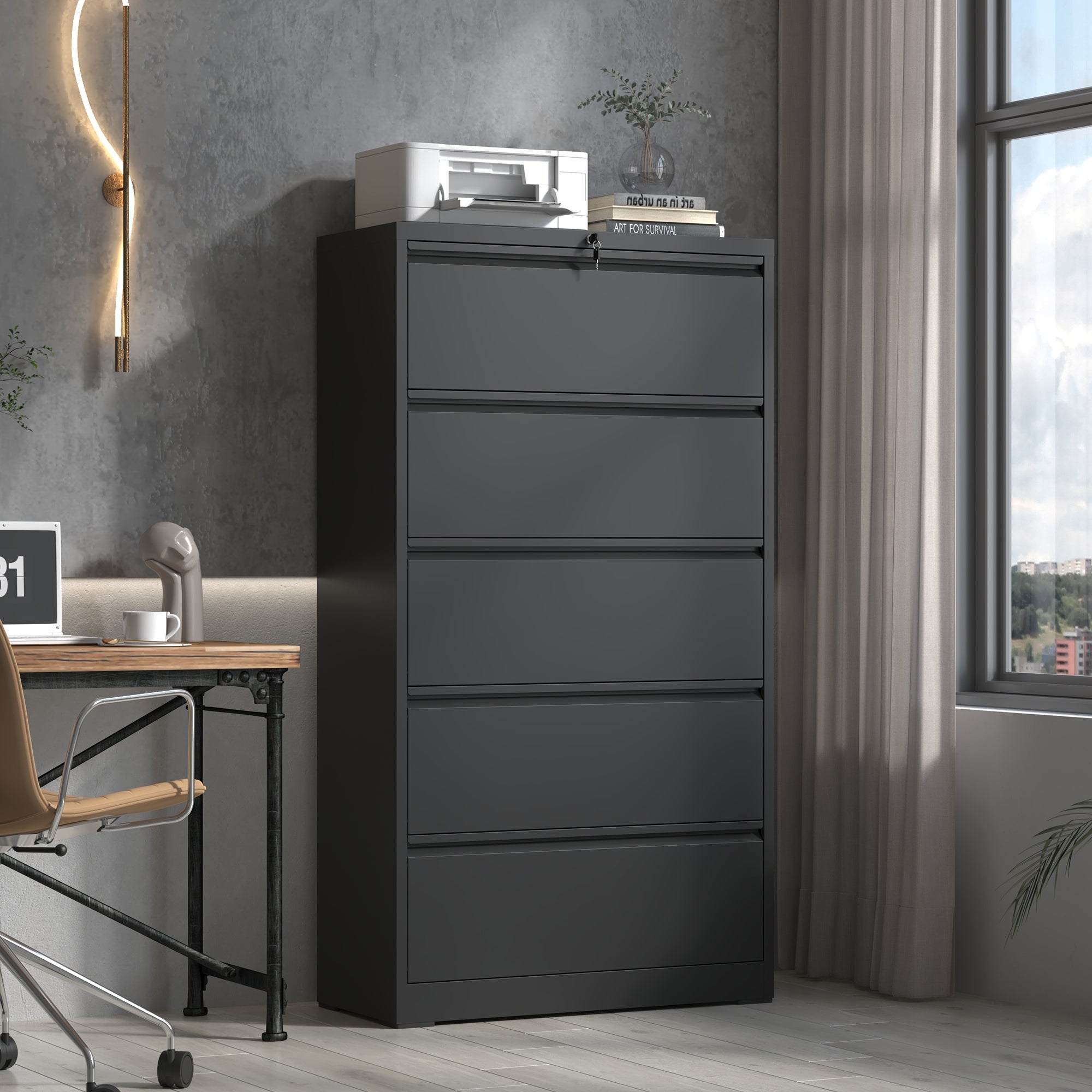 Modern Black 5-Drawer Steel Lateral File Cabinet with Lock for Legal/Letter/A4/F4 Files