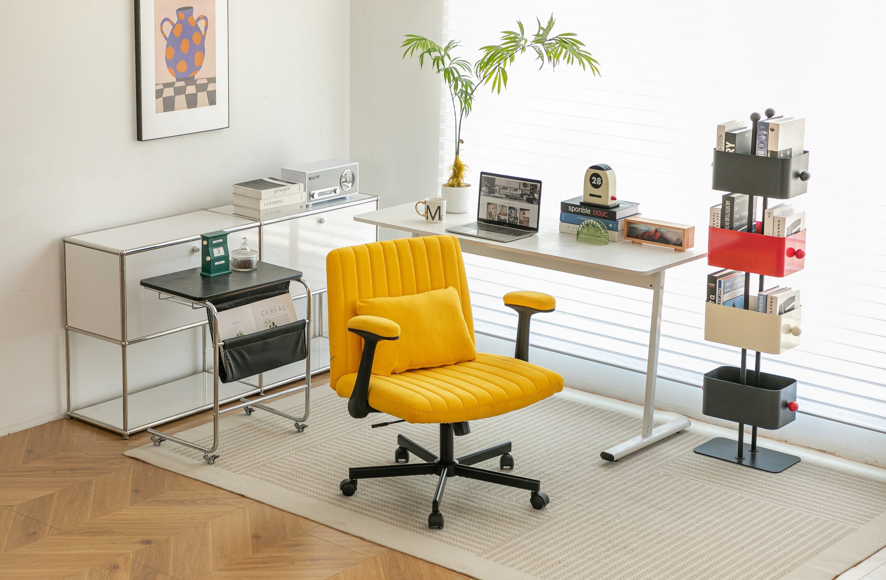 Yellow Linen Criss Cross Armrest Office Chair with Wheels - Ergonomic for Home Office, Work & Study