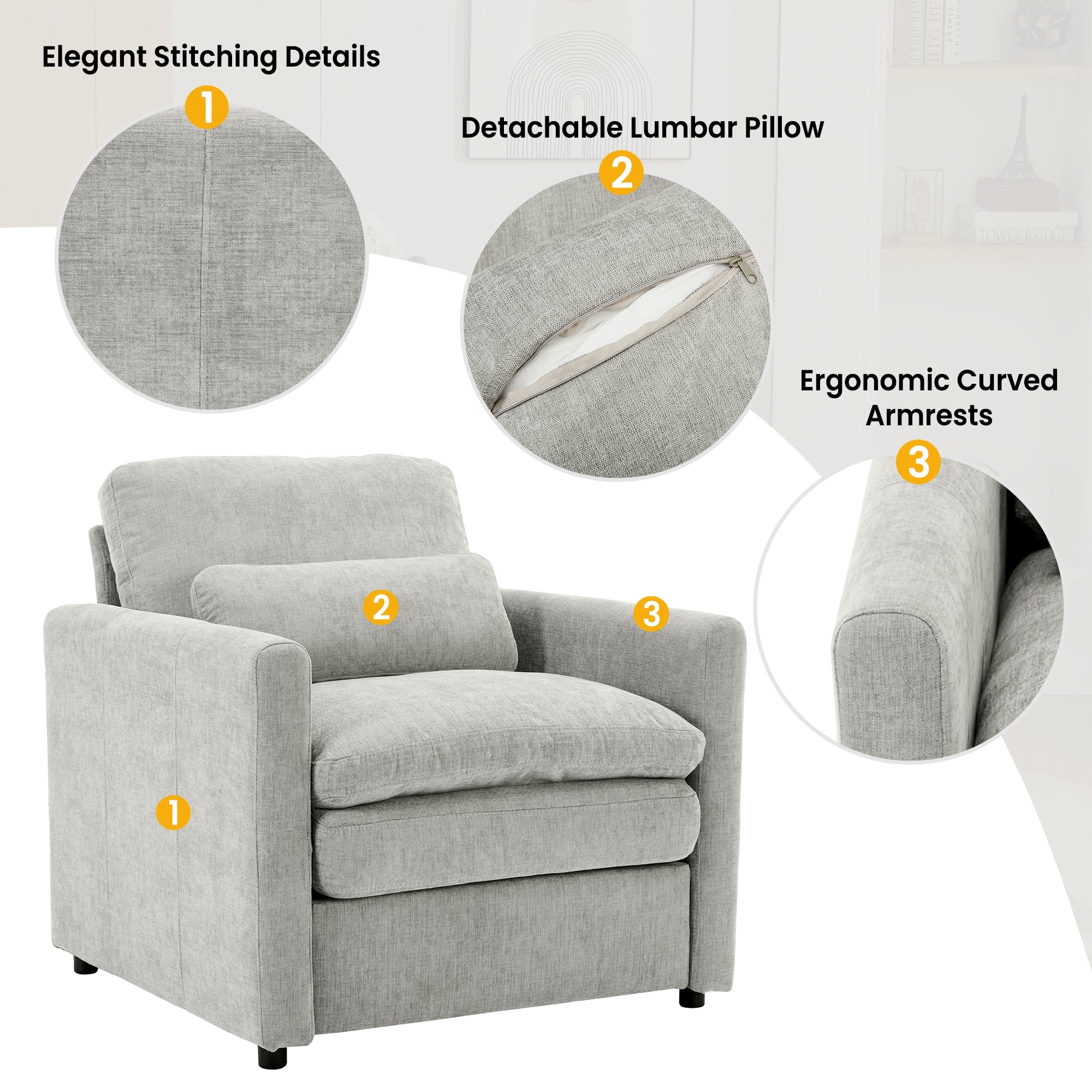 Cozy Upholstered Sofa Set with Double Cushion Design, Light Grey Chenille Fabric, Modern Living Room Couch