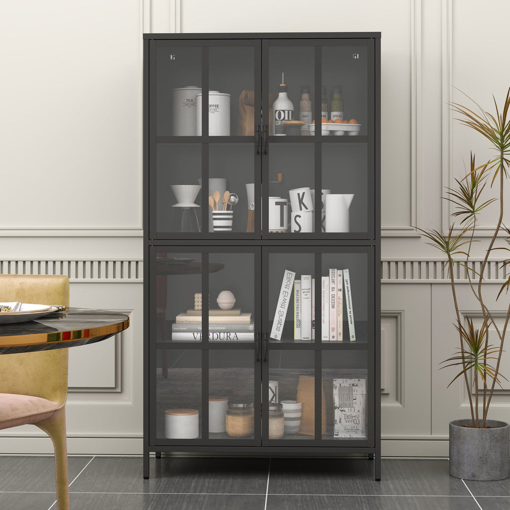Premium Black Metal Storage Cabinet with Tempered Glass Doors, Adjustable Shelves, and Anti-Tipping Device