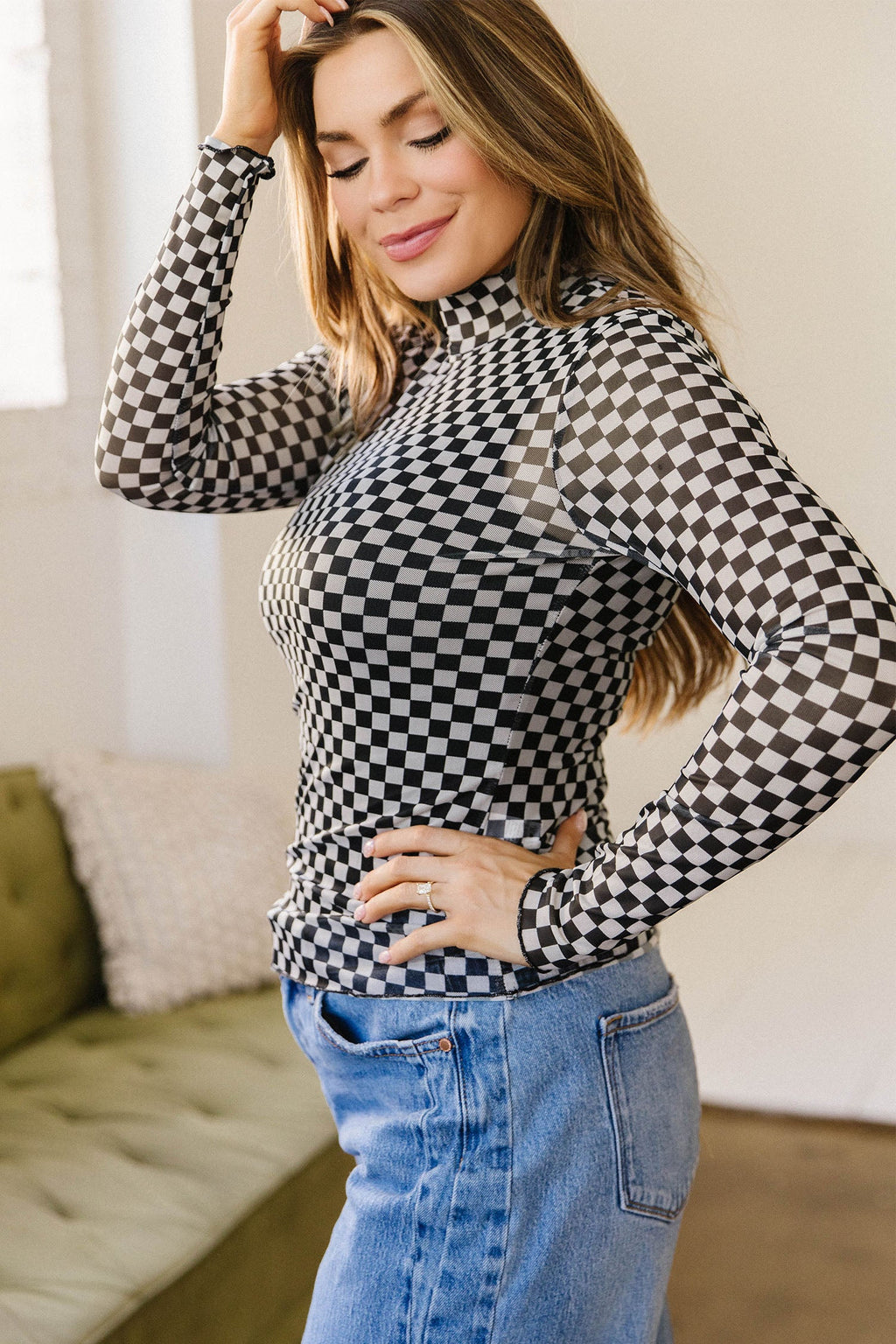 Checker Stand Neck Long Sleeve Mesh Top