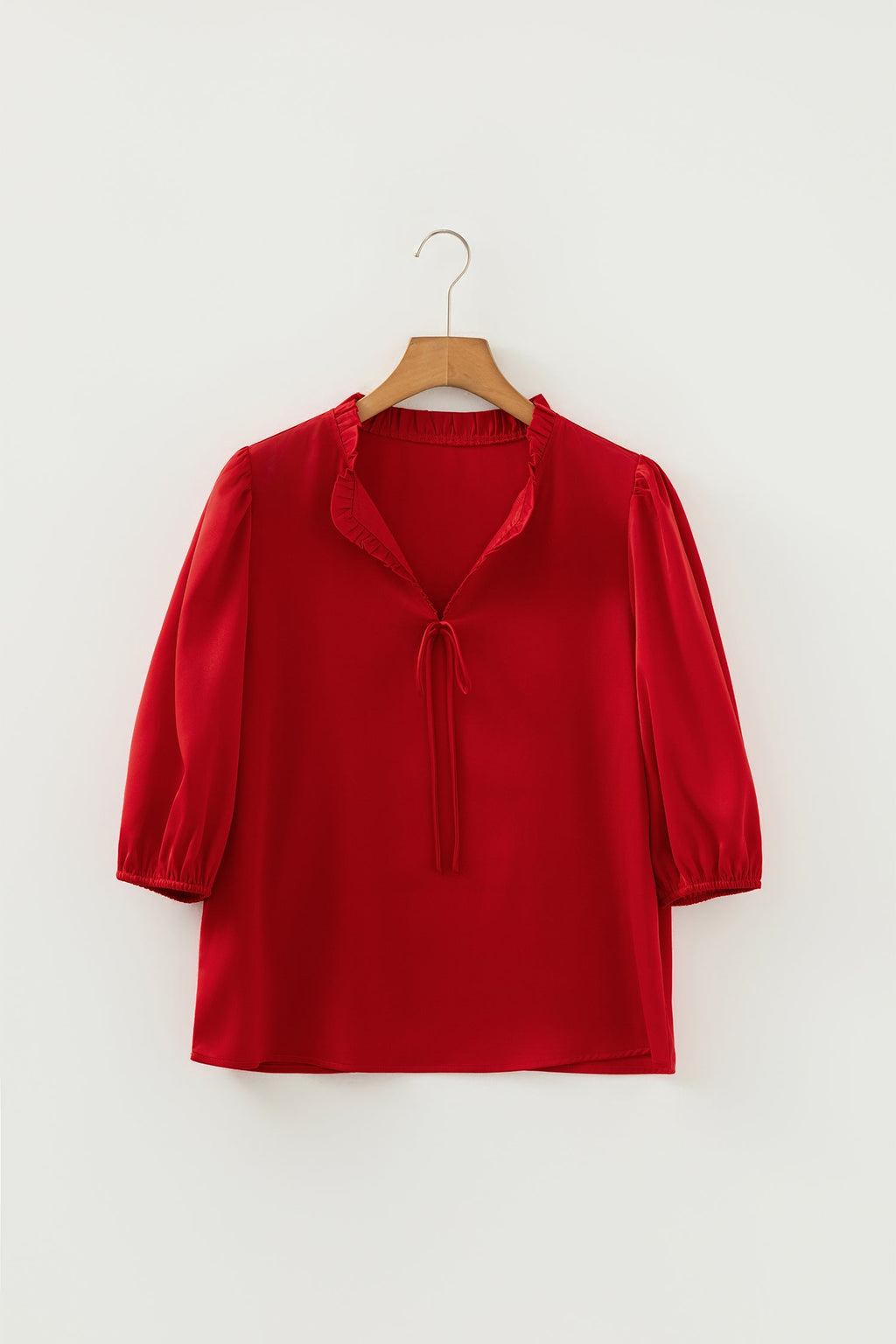 Solid Frilled Bow Tie V-Neck 3/4 Sleeve Blouse