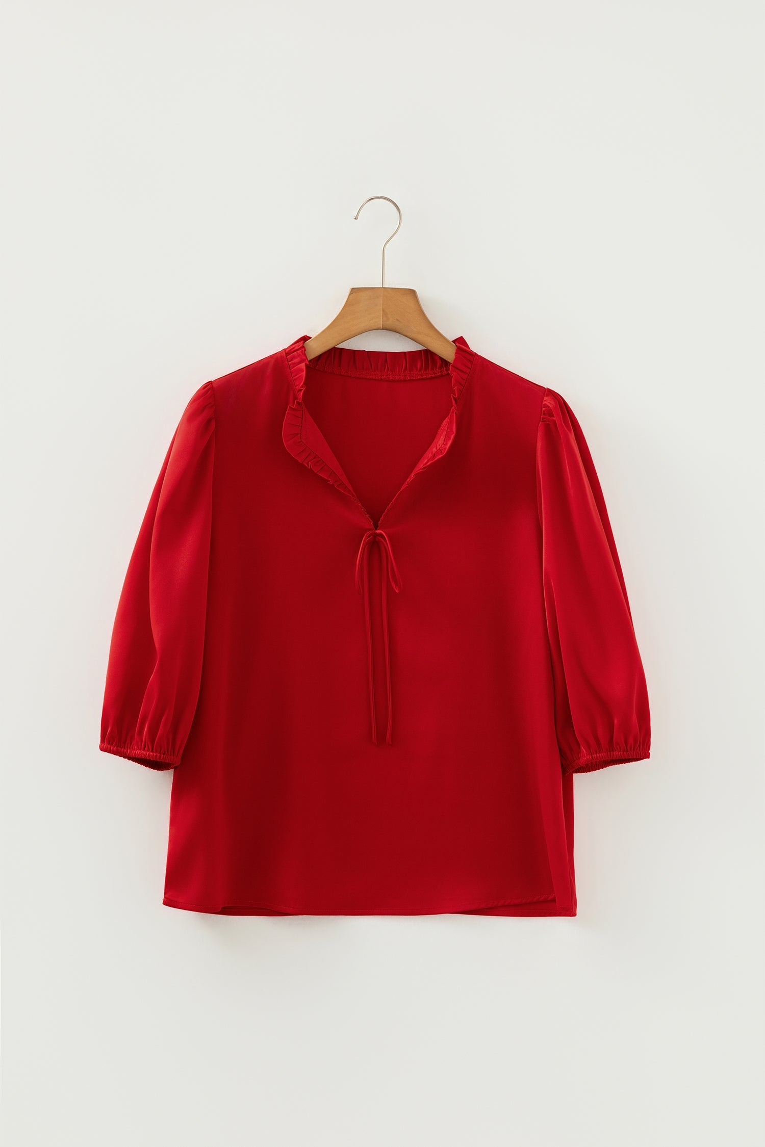 Solid Frilled Bow Tie V-Neck 3/4 Sleeve Blouse