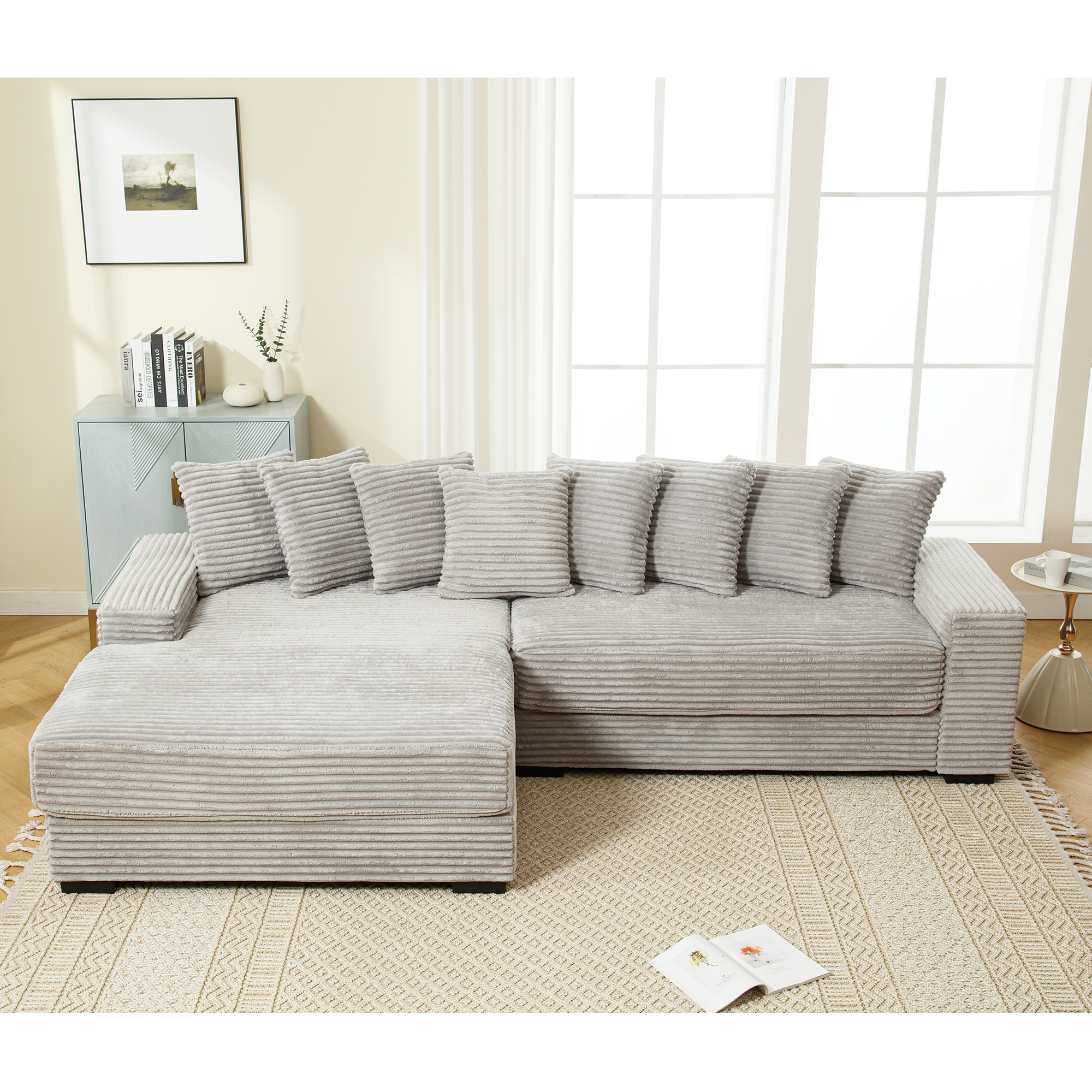[NEW ARRIVED] [VIDEO PROVIDED] Oversized Two-Piece  Couches,  L Shaped Sofa, Corduroy, Left Chaise Daybed,with Armrests,Eight Throw Pillows,Corner Sofa,Easy To Assemble,  Gray