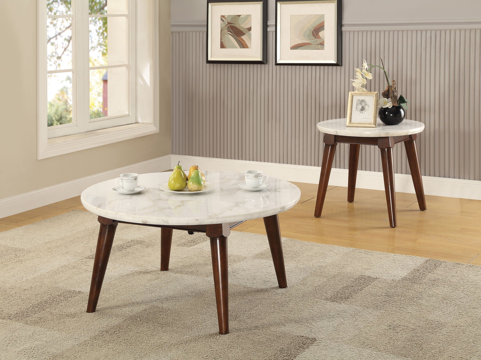 Gasha - Coffee Table - White Marble / Walnut