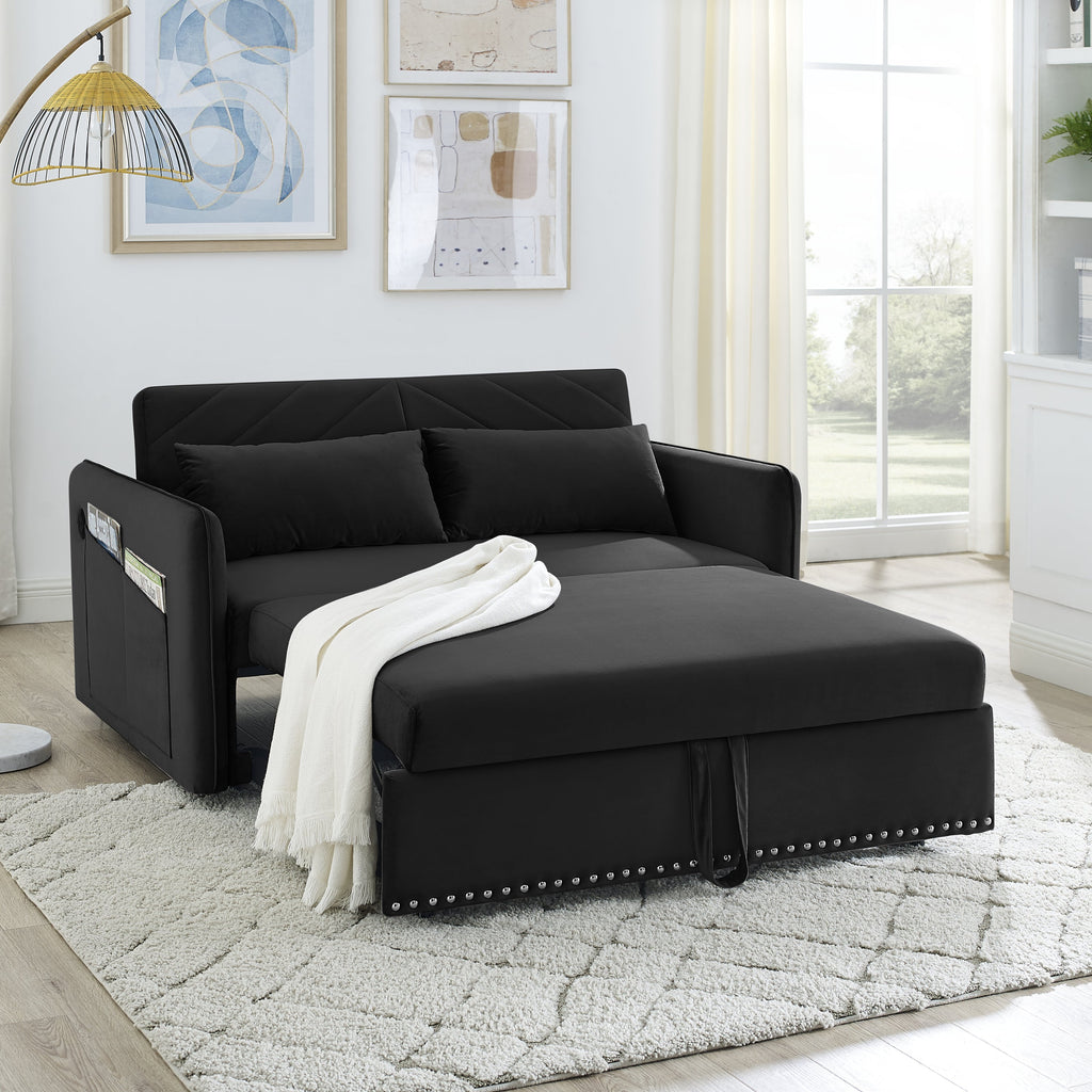 MH' Sleeper Sofa Bed w/USB Port, 3-in-1 adjustable sleeper with pull-out bed, 2 lumbar pillows and side pocket, soft velvet convertible sleeper sofa bed, suitable for living room bedroom