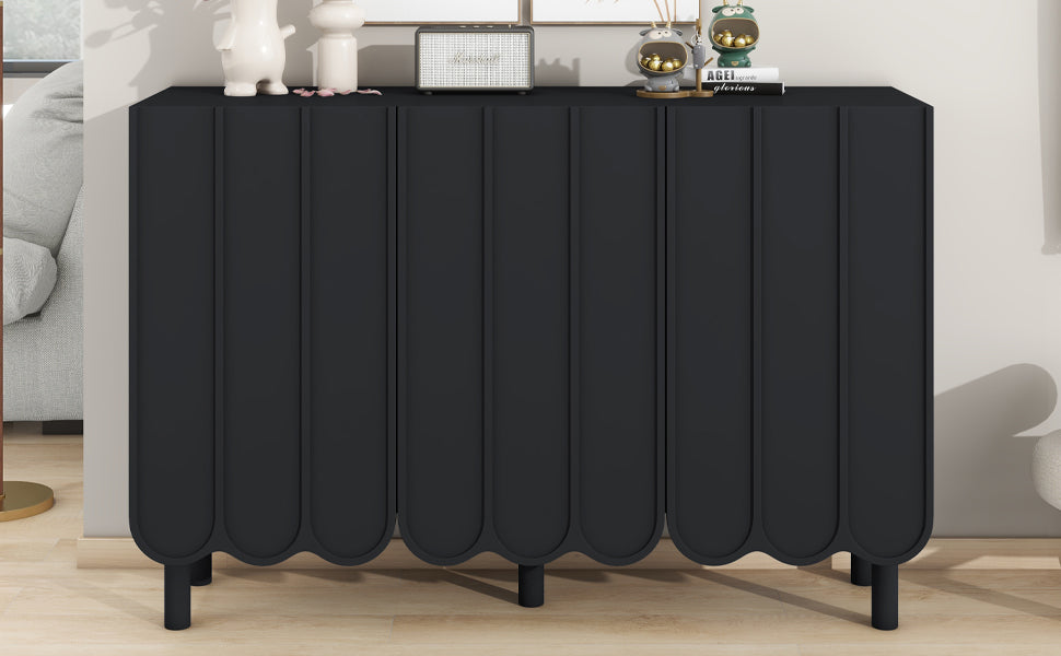 ON-TREND Cream Style Minimalist Shoe Cabinet with 5 Solid Wood Legs, Sideboard Buffet Cabinet with Adjustable Shelves, Large Storage Cabinet with Wave Doors for Living Room, Black