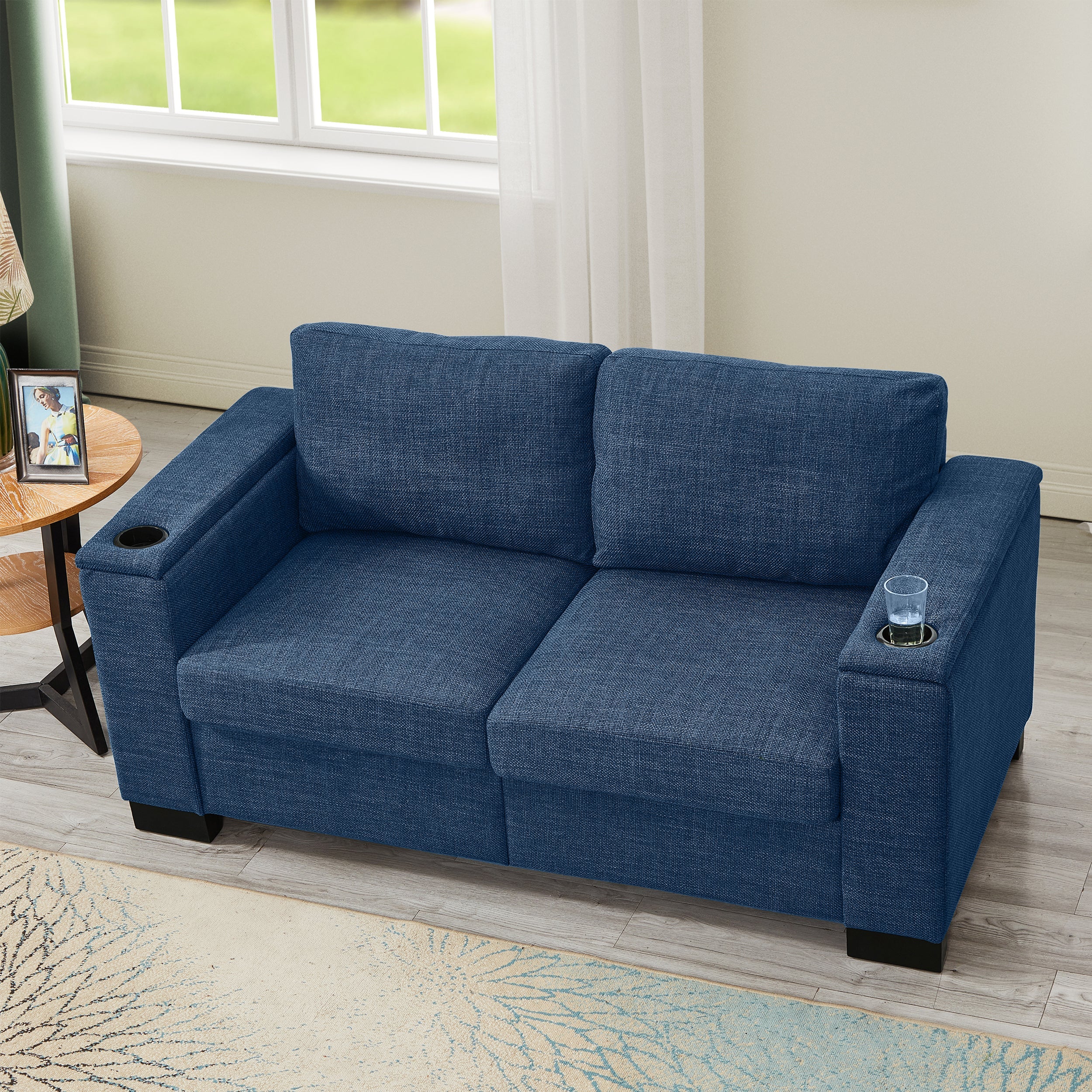 Two Pieces 2+3 Seater Sofa Modern Style Living Room Sofa Fabric Couch,Square Arm Sofa with Cup Holder,Storage Sofa,Upholstered Polyester Blue